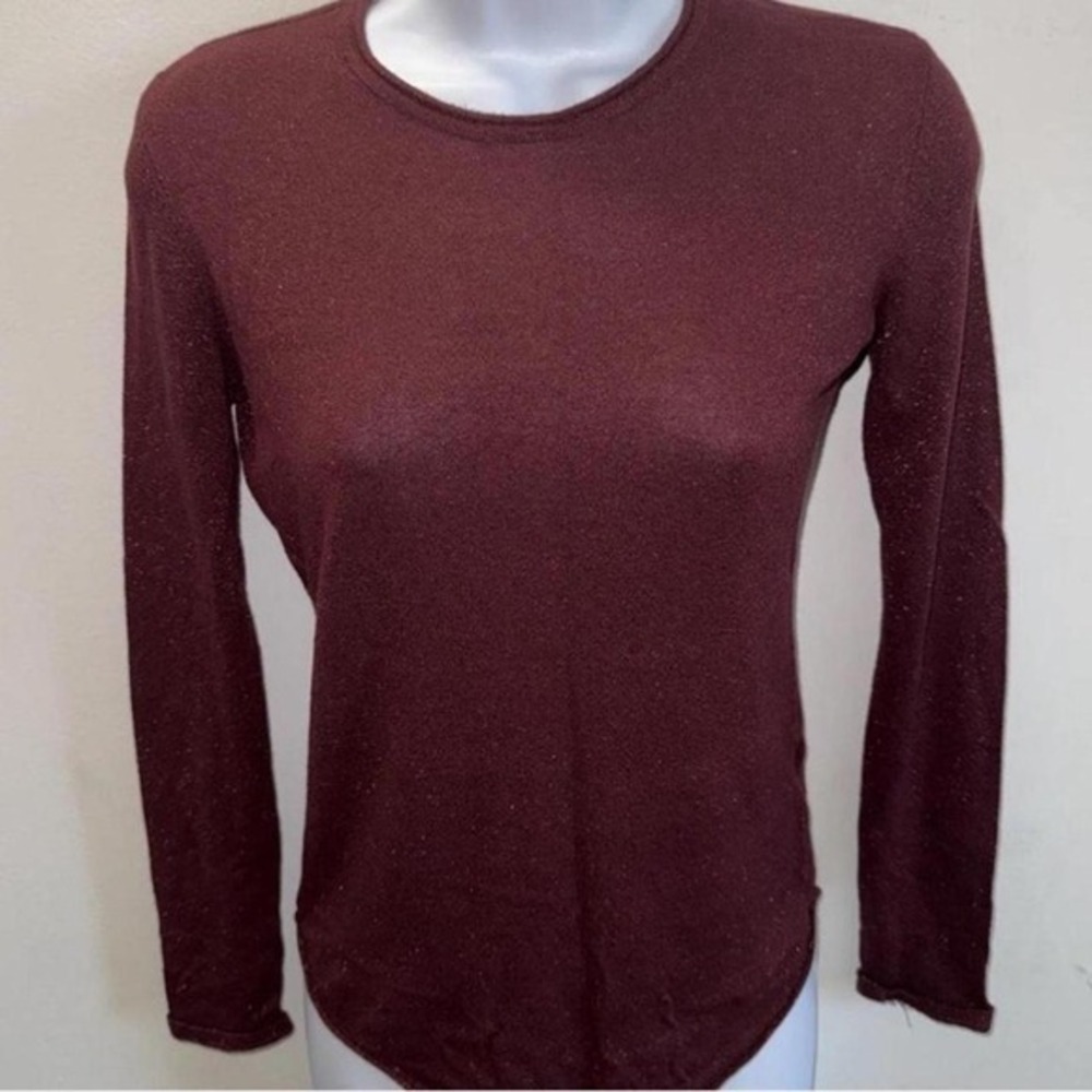 HM Womens Burgundy Metallic Shimmer Long Sleeve Crew Neck Top Size XS Maroon